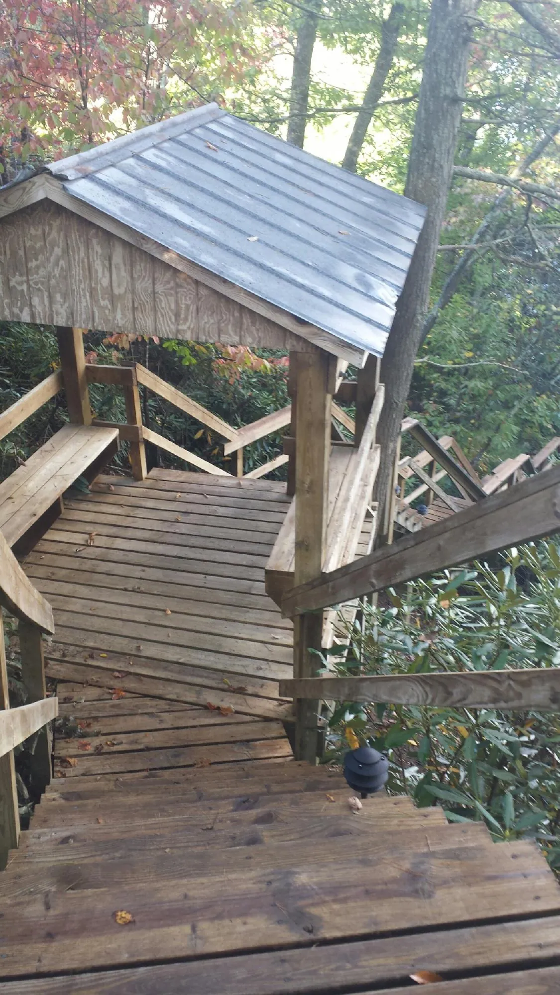 Metal roofed shelter over wooden steps on a wooded walkway — Skylight Repair & Installation work by our crew in Misenheimer